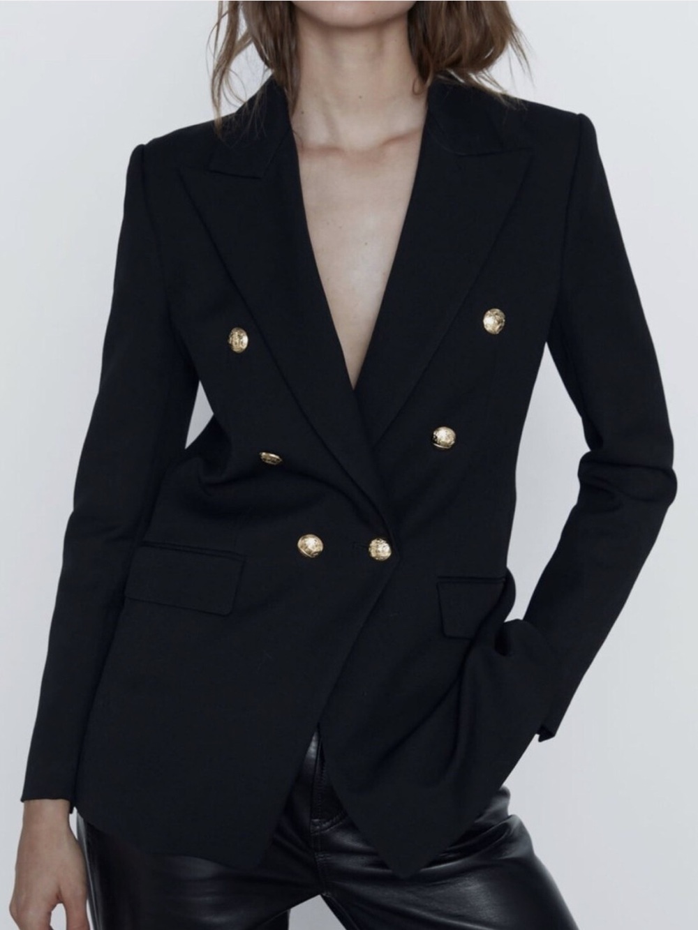 Zara Black Double-Breasted Gold Button Tailored Blazer in Classic Chic